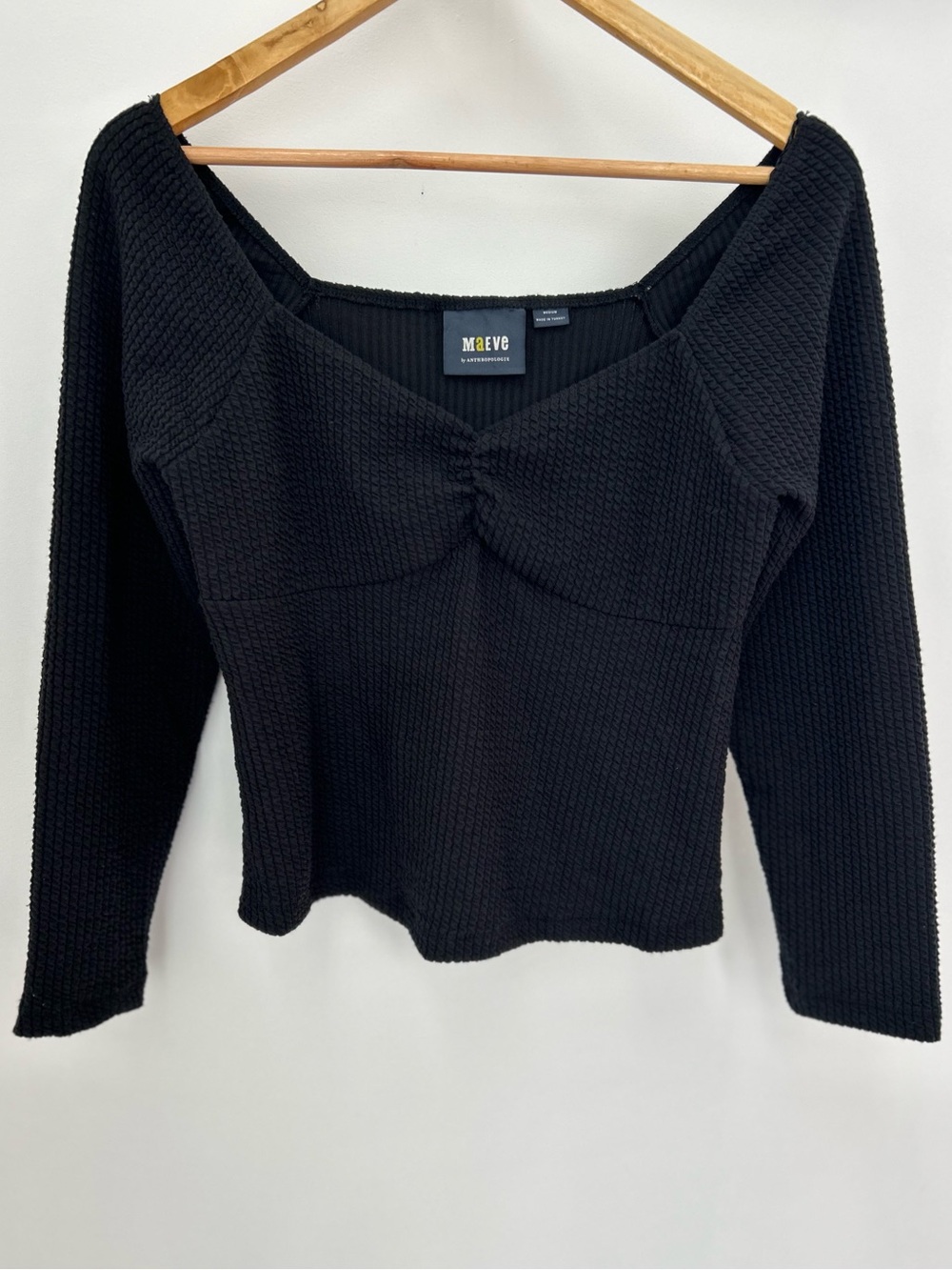 Maeve by Anthropologie Sweetheart Neck Waffle Knit Top — Black — Size M